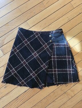 Urban Outfitters Wool Motif Black and Brown Plaid Wrap Skirt